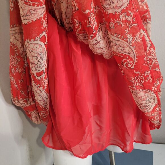 Zara XS dress elastic waist lining sheer longsleeve button elastic waist red - Picture 6 of 12